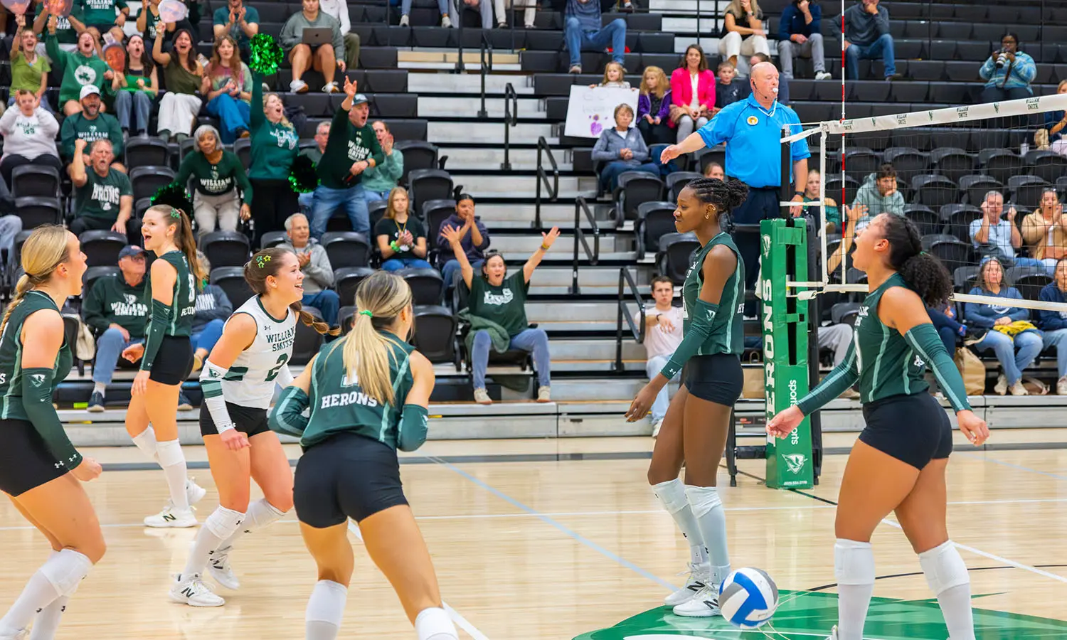 William Smith volleyball celebrates a point during their Liberty League matchup against Ithaca.   