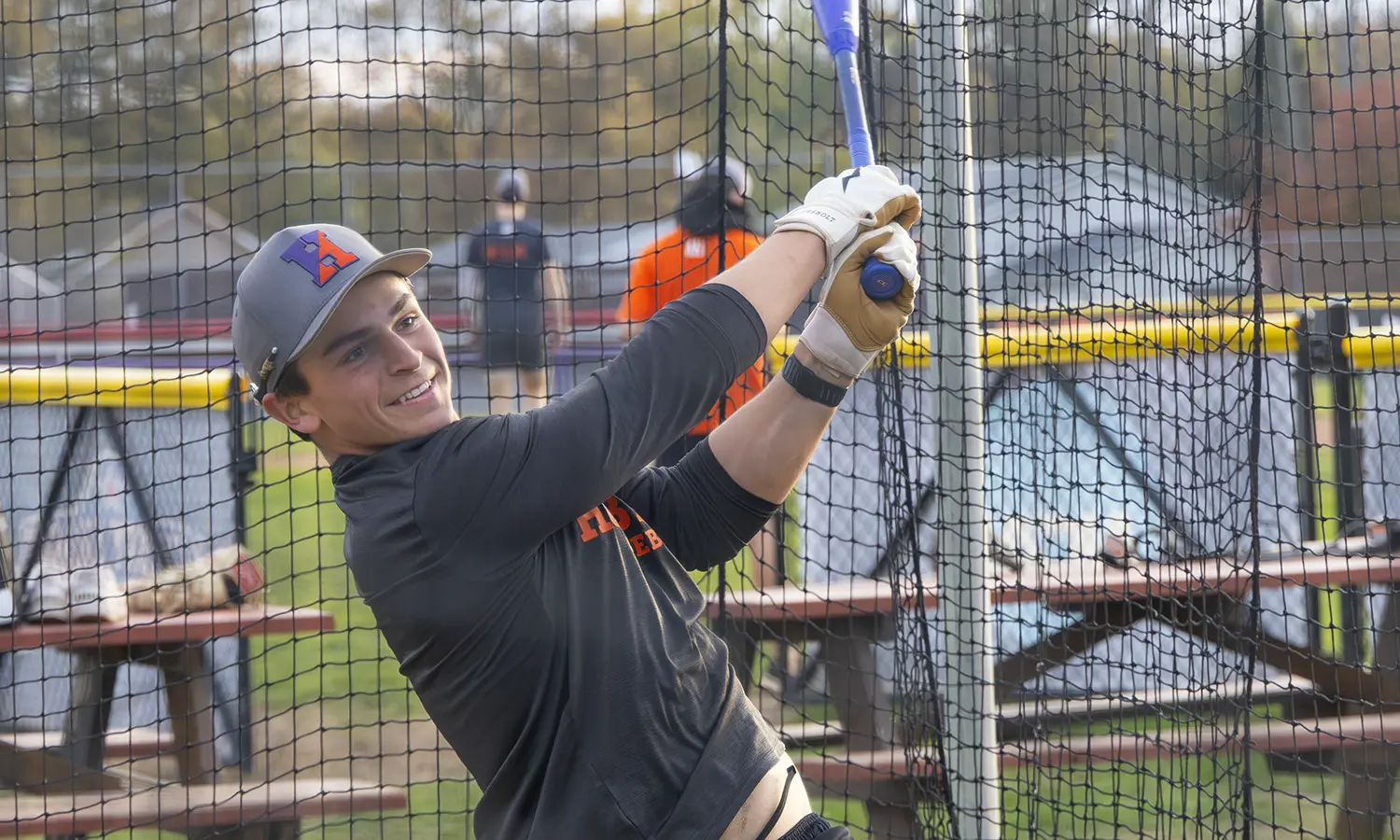 Mark Kelly '30 gets in a few swings during Hobart Baseball practice at McDonough Park. 