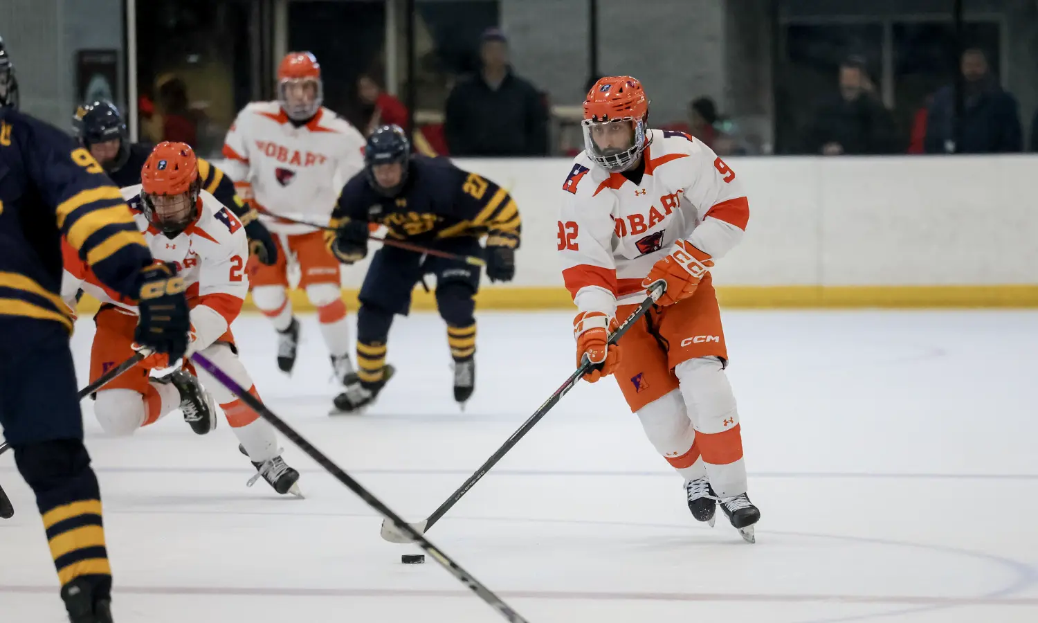 Arvega Hovsepyan ’28 carries the puck through the neutral zone against Wilkes. The Statesmen beat Wilkes 8-1 to wrap up their preseason schedule before starting the season against Elmira.   