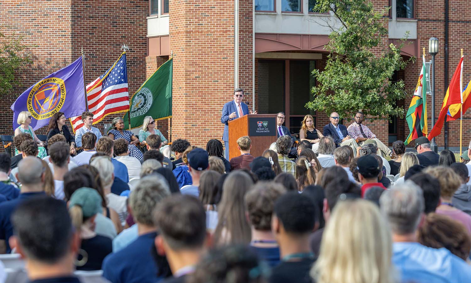 President Mark D. Gearan addresses first-years and their families at the President’s Welcome on Stern Hall. 