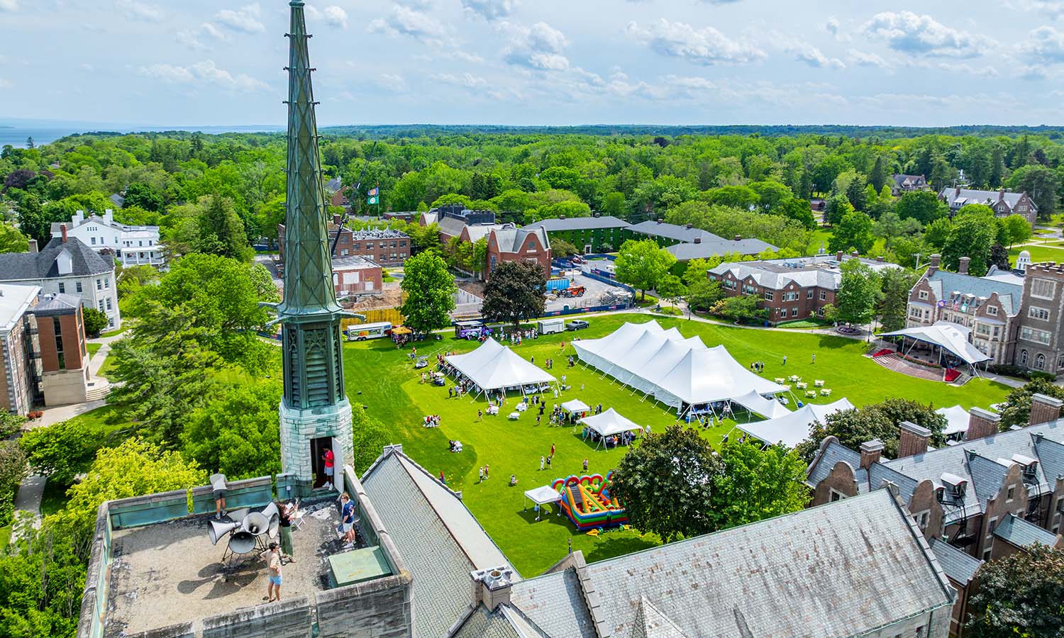 Alumni and their family members view the Quad from the top of St. Mark’s Tower. 