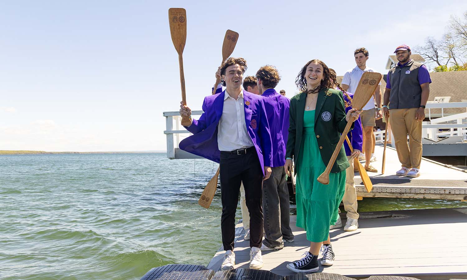 This week, we take a look at our two favorite Commencement traditions involving Seneca Lake. Here, Kahlil Fontana ’26 and Haley Levine ’26 smile before dipping their Class of 2026 paddles in Seneca Lake at the Senior Sendoff event.