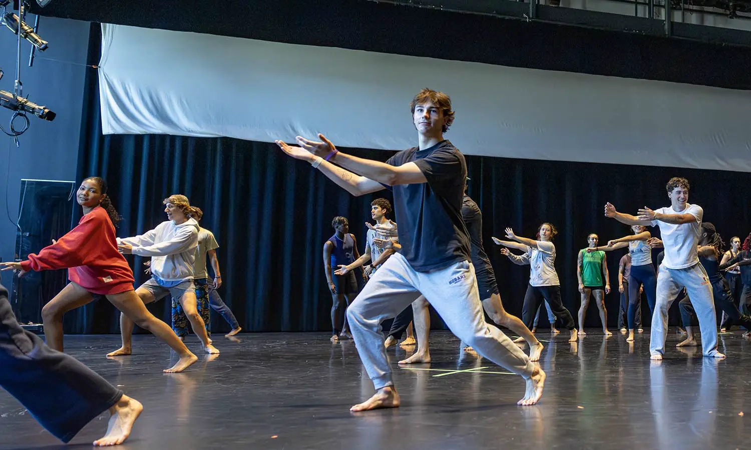The Garth Fagan Dance Company leads a class for students in “Intro to Jamaican Dance” with Associate Professor of Dance and Movement Studies Kelly Johnson. 