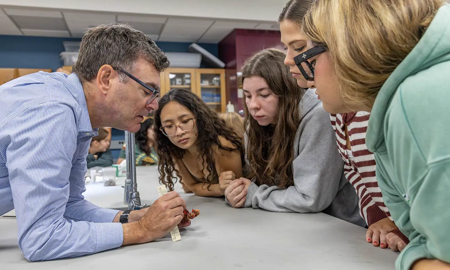 Jeremy Kirchman, Ph.D. Curator of Birds and Mammals at the New York State Museum shows students the abdomen of a Northern Cardinal while preparing a study skin during “Ornithology” with Professor of Biology Mark Deutschlander. 