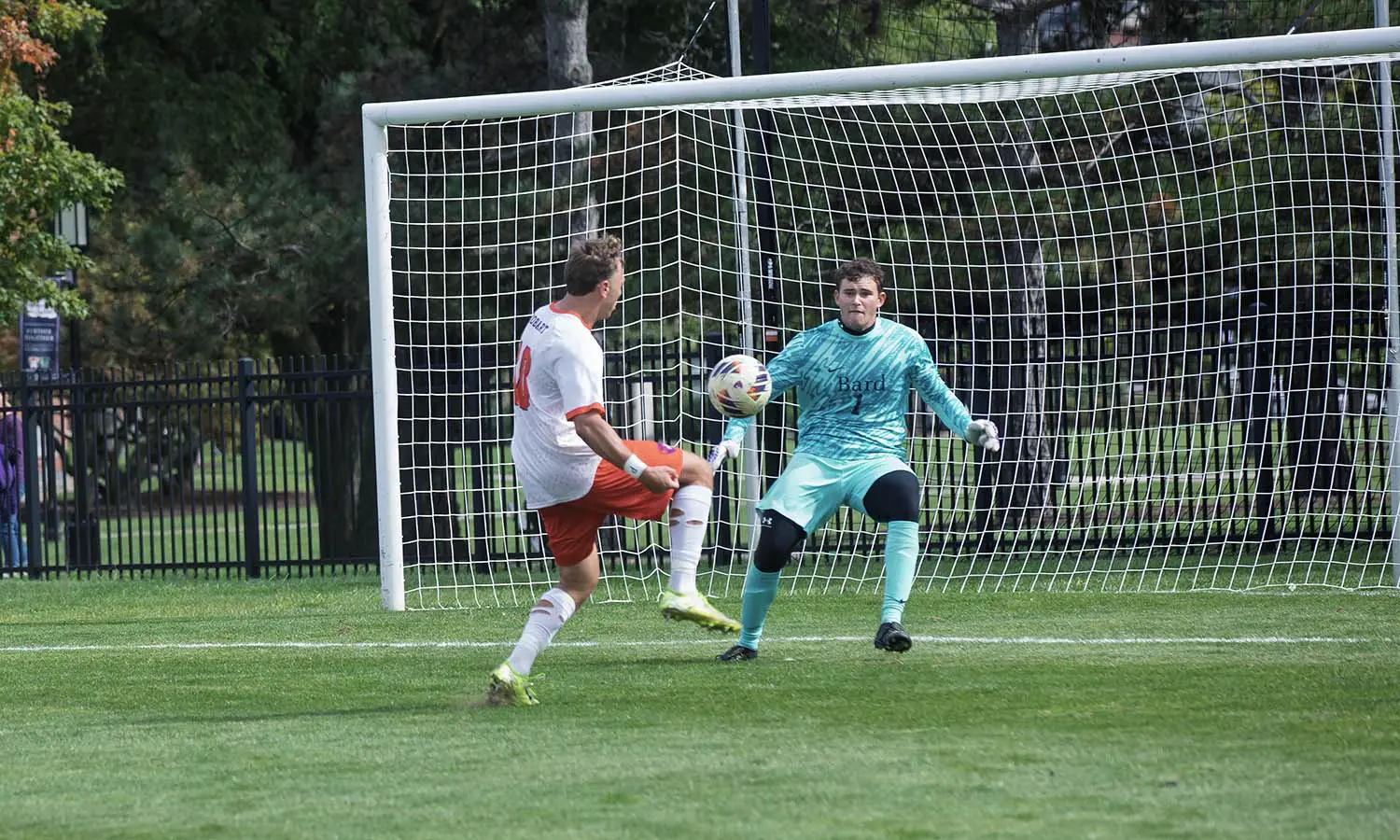 Brady Leitner ’28 scores his first of two goals in Hobart soccer’s come-from-behind win over Bard. 