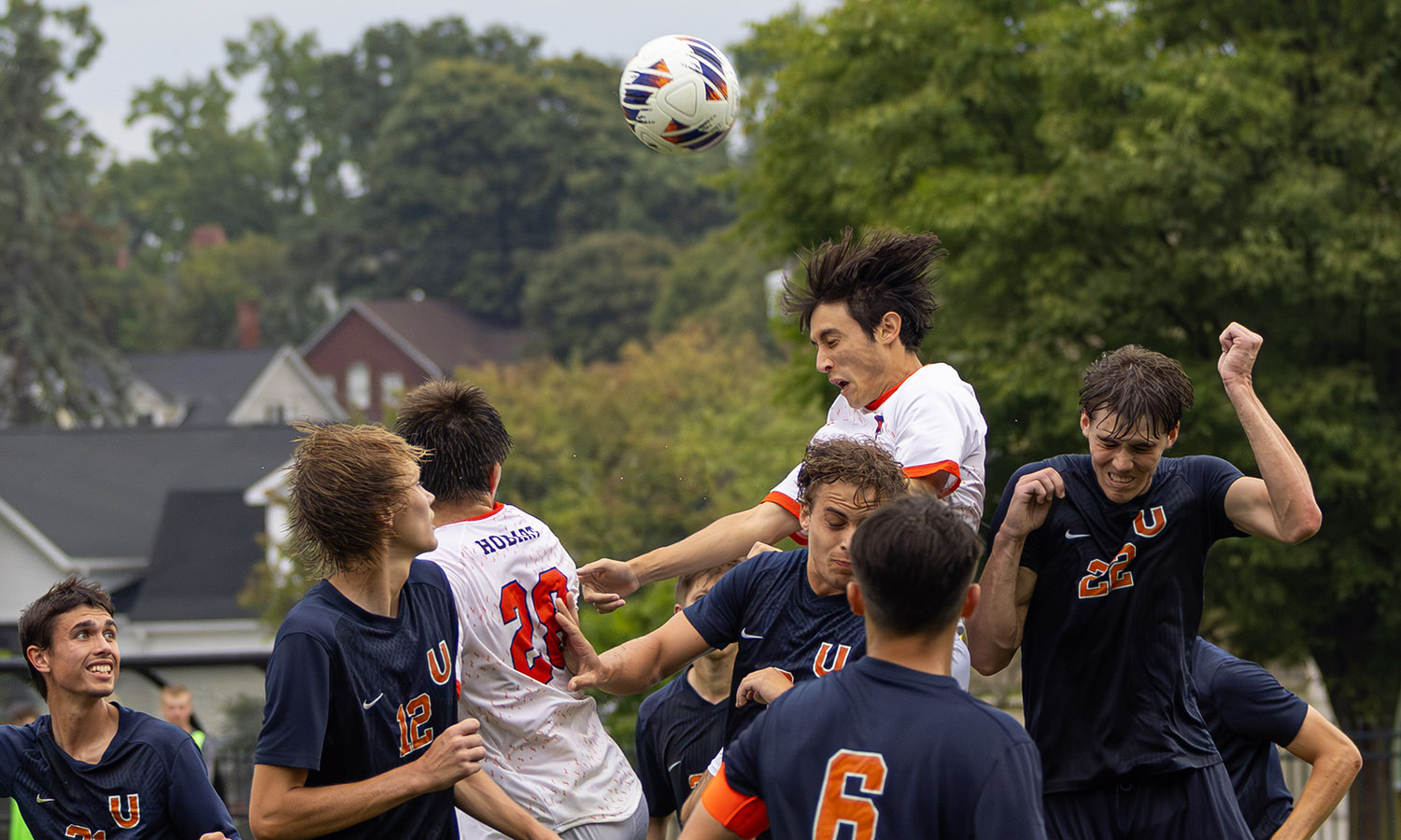 Thomas Coughlin ’28 heads the ball during Hobart soccer’s 2-1 win over Utica University in the home opener. The Statesmen are off to a 4-0 start this season. 