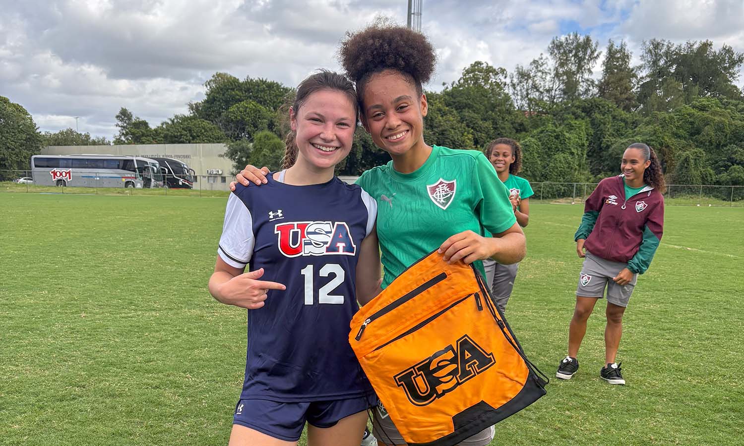 Hannah Goodness ’28 poses with a player from Fluminense after a game. Goodness spent more than a week touring Brazil with the USA D-3 Women’s Soccer Team. 