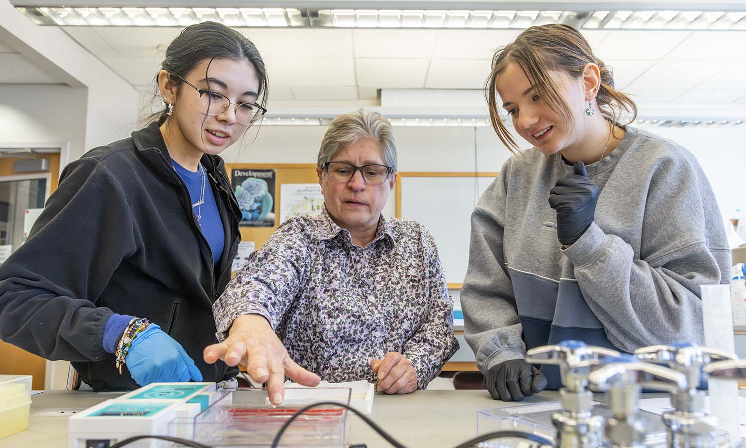 This week, we celebrate our dedicated faculty who help students discover their passions and pursue new opportunities. Here, Alexandria Toth ‘28 and Lex Searle ‘26 work with Professor of Biology Sigrid Carle during a lab for “Cancer Biology.”