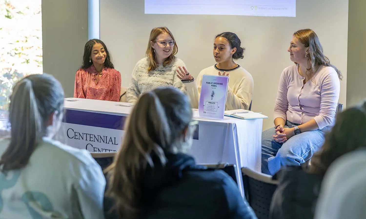 Olivia Purefoy '27, Ela Gardiner '27, Delainy Williams '28 and Lindsay Miller '27 take part in a public speaking panel hosted by the Centennial Center for Leadership, Entrepreneurship and Innovation.  