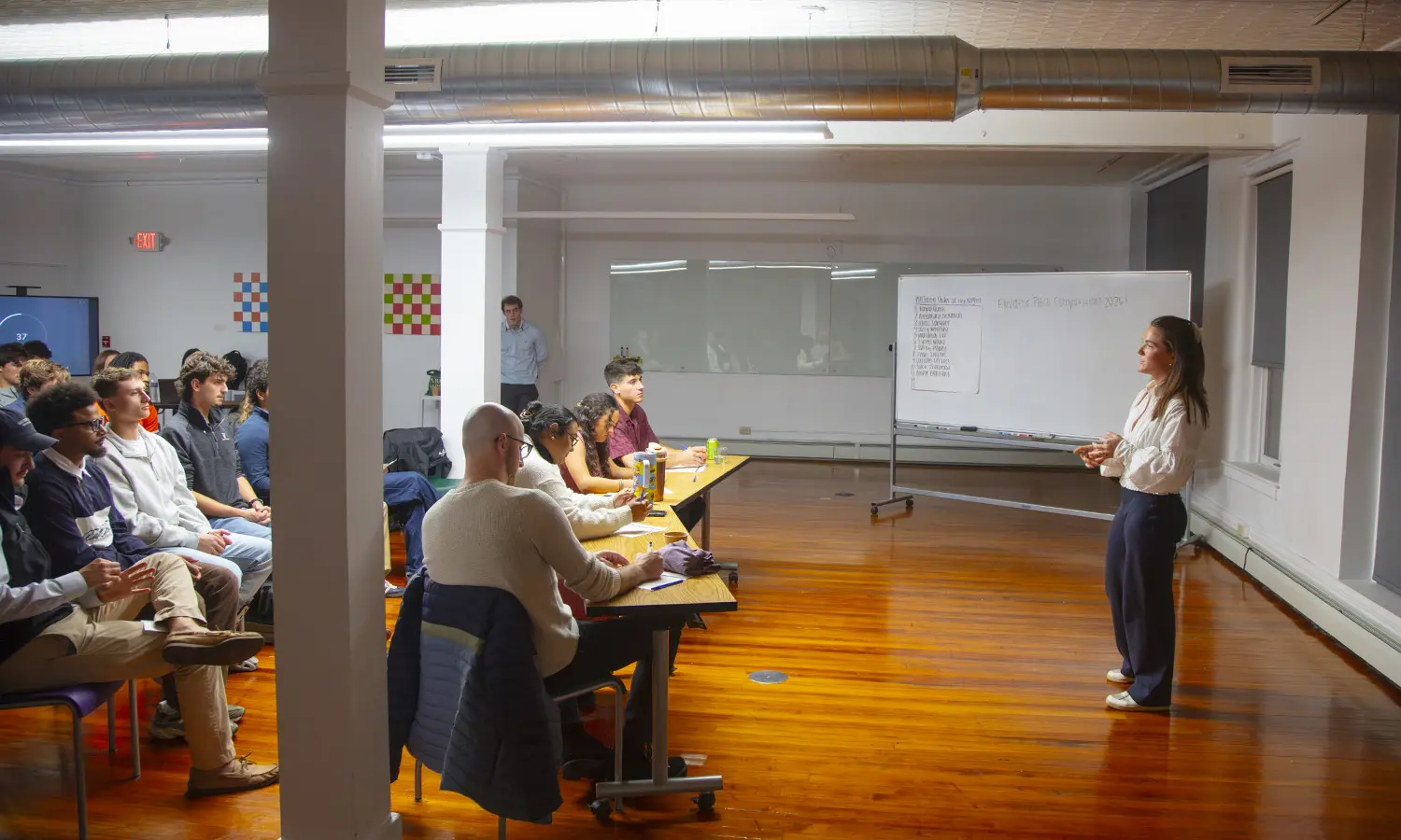 Kayla Quirk ’28 pitches her idea to judges during the Elevator Pitch Competition at the Bozzuto Center for Entrepreneurship, where she won first place among students presenting their business and social impact ideas in just 90 seconds.  