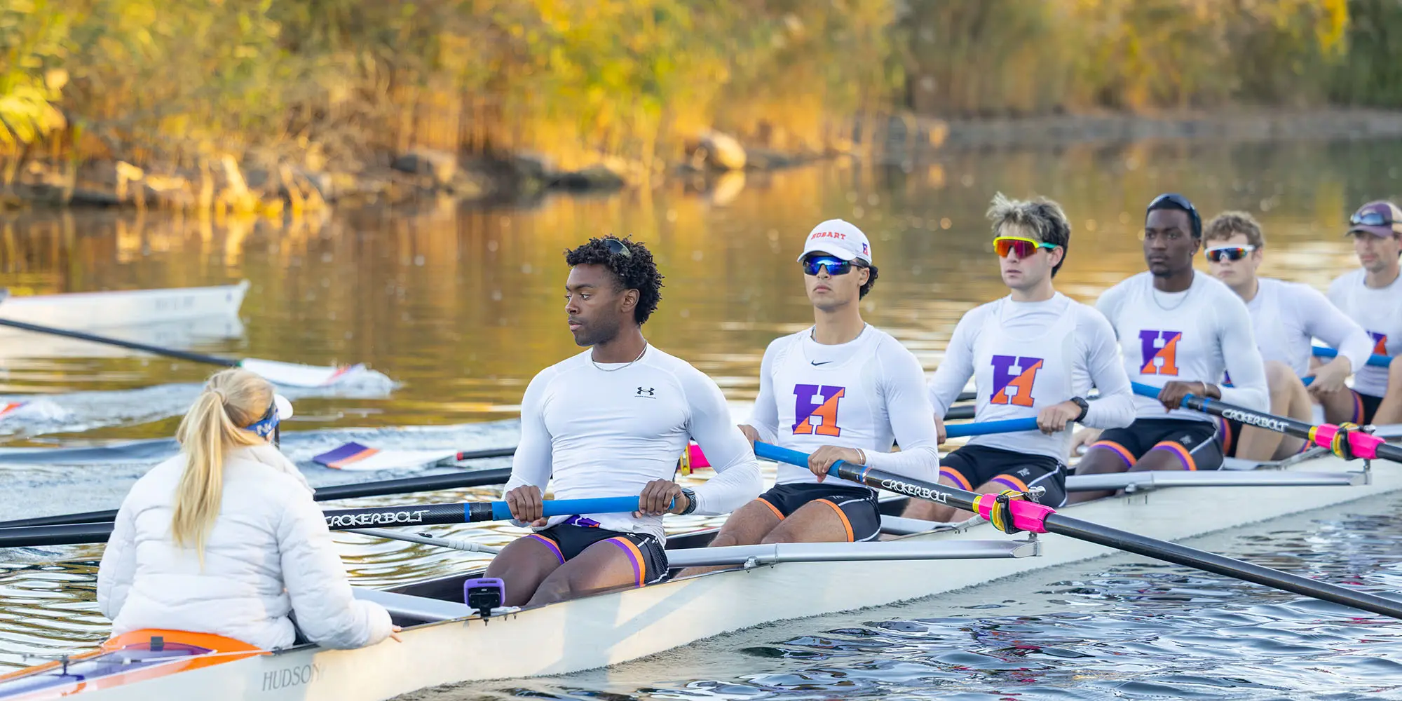 Hobart rowing varsity 8 practices on the Cayuga–Seneca Canal before hosting the HWS Challenge on the Canal at the Miltenberger and Bennett-Hooper Rowing Center.  
