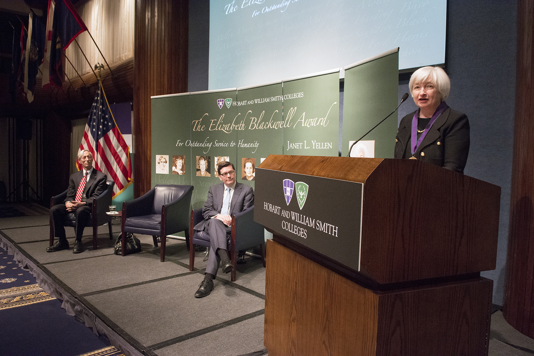 Dr. Janet Yellen receiving the Elizabeth Blackwell award