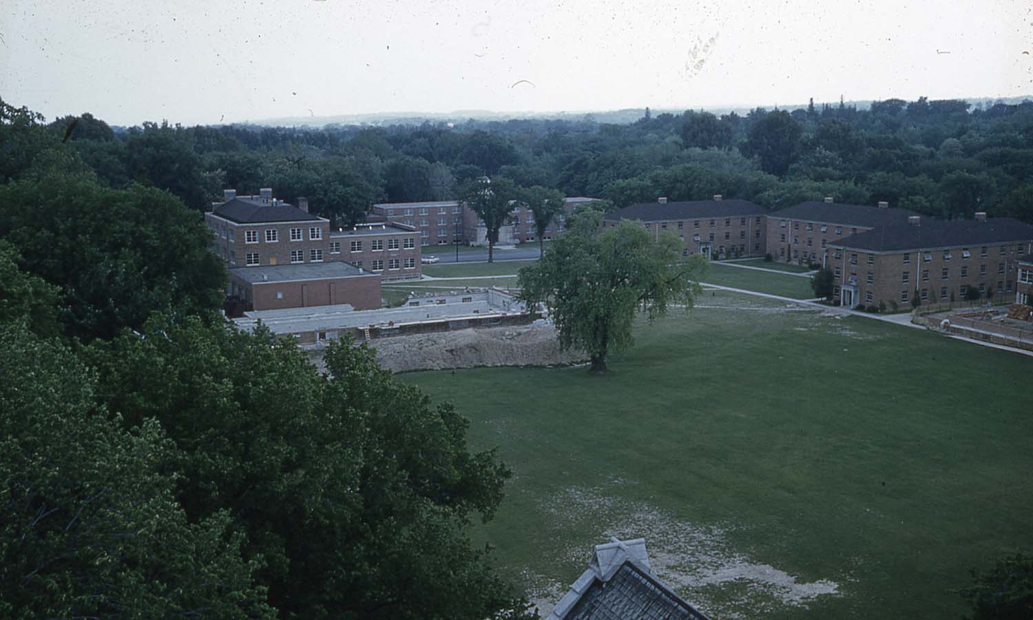 A view of Eaton Hall under construction from the top of St. John's Chapel. 