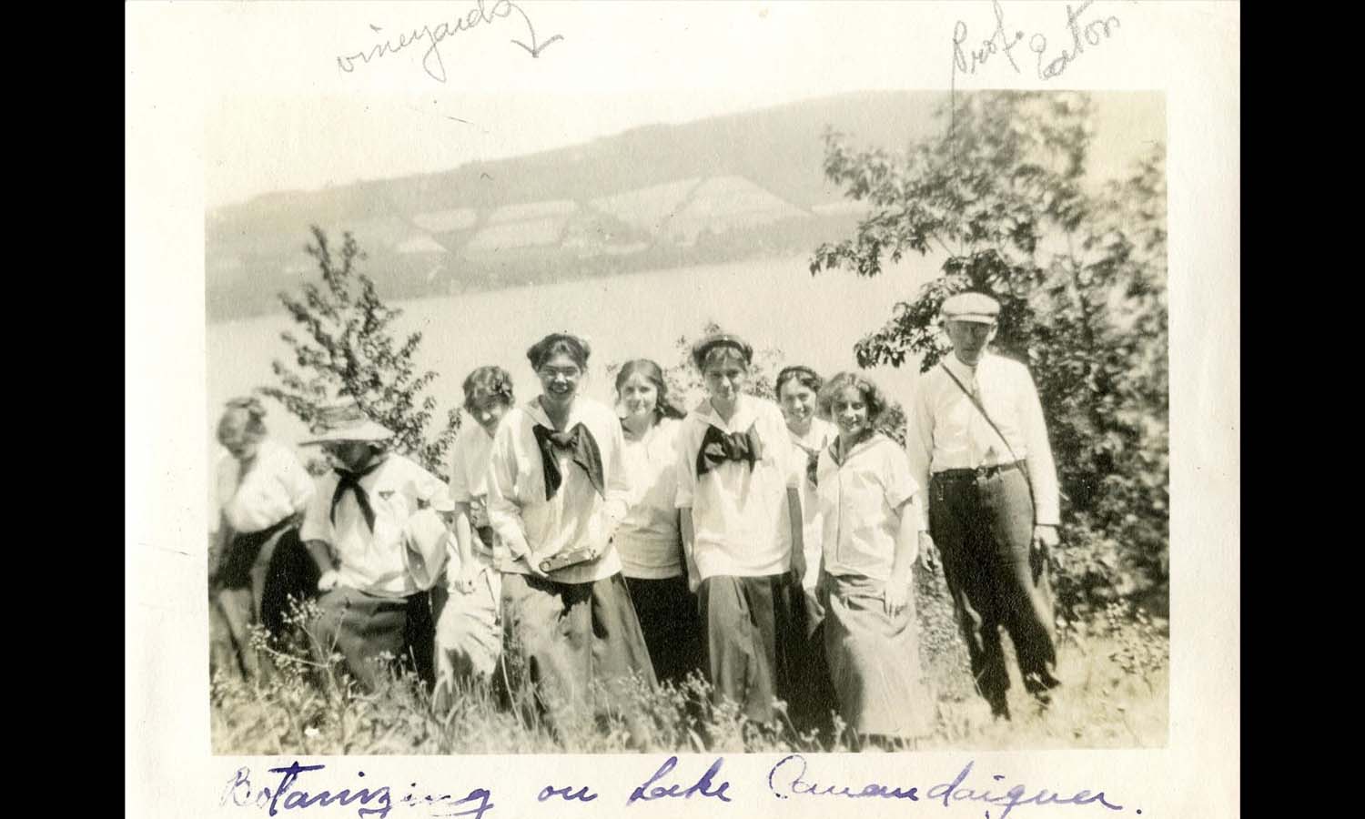 William Smith students “botanizing on Lake Canandaigua” with Eaton, circa1908-1912.