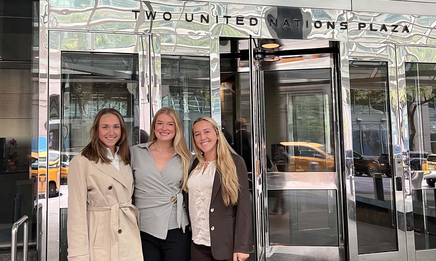 Mercedes Wiegel '25 (left) at the United Nations on a career trek to New York City, organized by the Fletcher School.