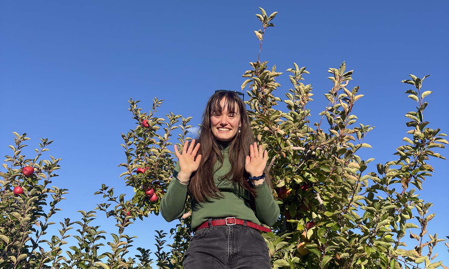 Stout in October 2025 at an apple picking event organized by her clinical psychology fellowship.