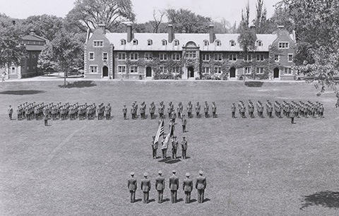Hobart College Air Force ROTC in formation on the Quad, around 1954.